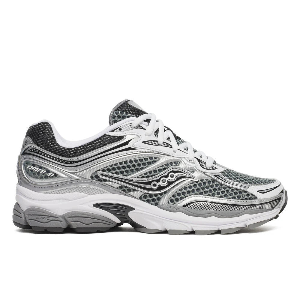 Saucony Omni 9s running shoes in light gray with black accents, lace-up mesh