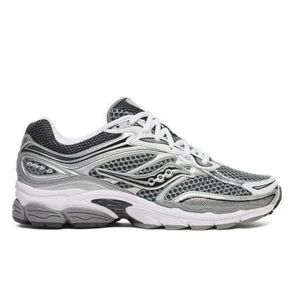 Saucony Omni 9s running shoes in light gray with black accents, lace-up mesh