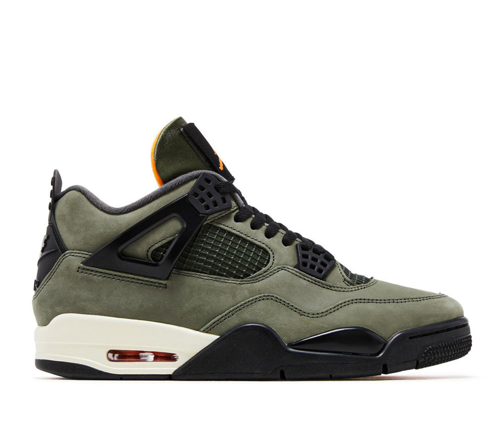 Olive green Air Jordan 4 sneakers with black net overlays, lace-up front, white air unit