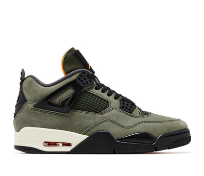 Olive green Air Jordan 4 sneakers with black net overlays, lace-up front, white air unit