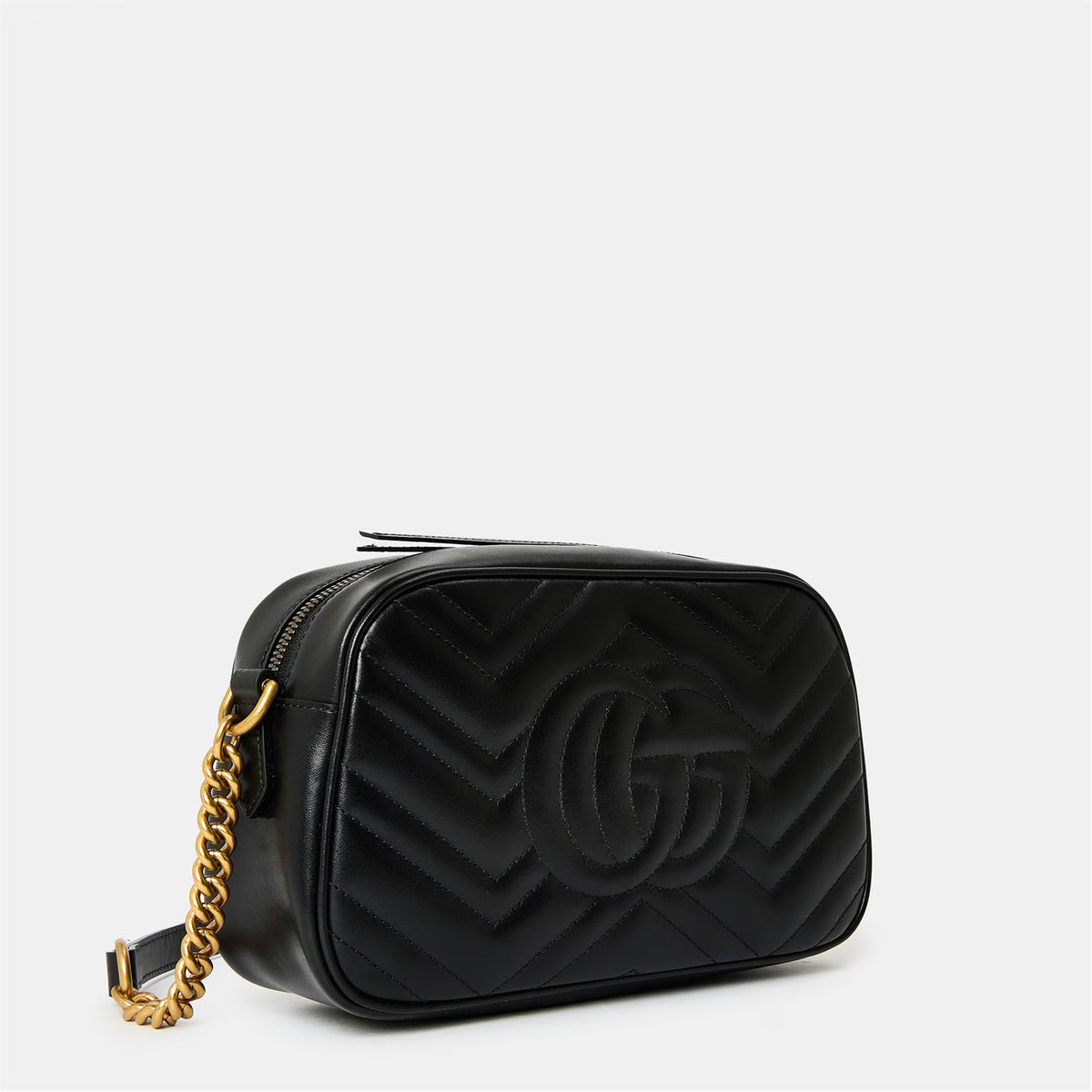 Black leather small shoulder bag with embossed chevron pattern, gold-tone GG, chain strap.