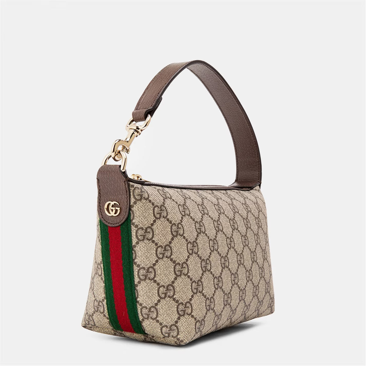 Mini hobo bag with brown leather strap and green/red web stripe on beige canvas