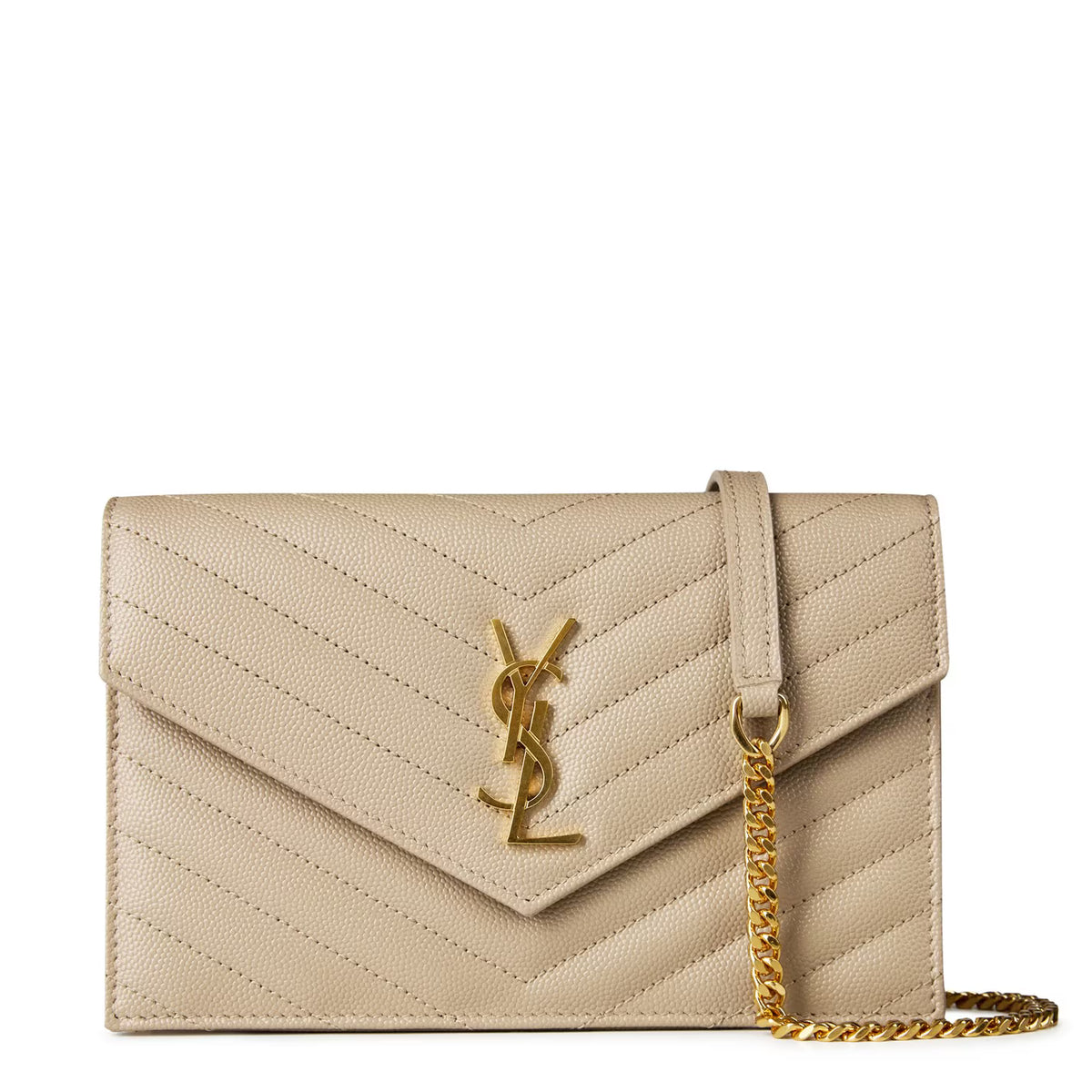 Dark beige envelope crossbody bag with gold YSL monogram and chain strap