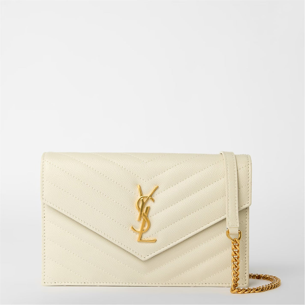 Vintage white envelope crossbody bag with gold YSL monogram and shoulder chain