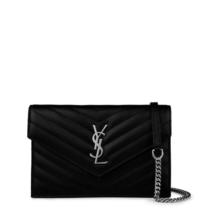 Black crossbody bag with quilted chevron flap and silver SL monogram, chain