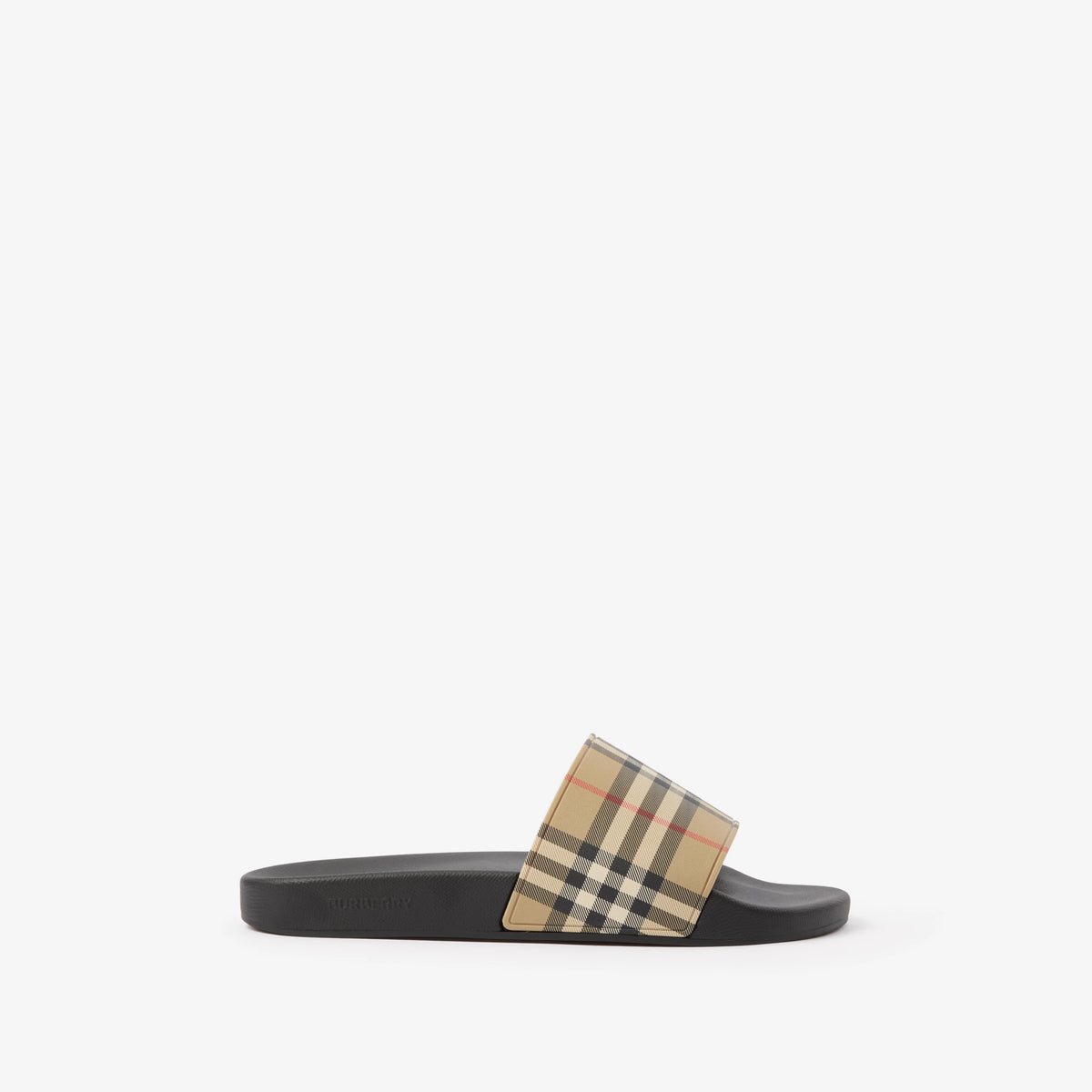 Beige check slide sandal with black footbed and wide front strap