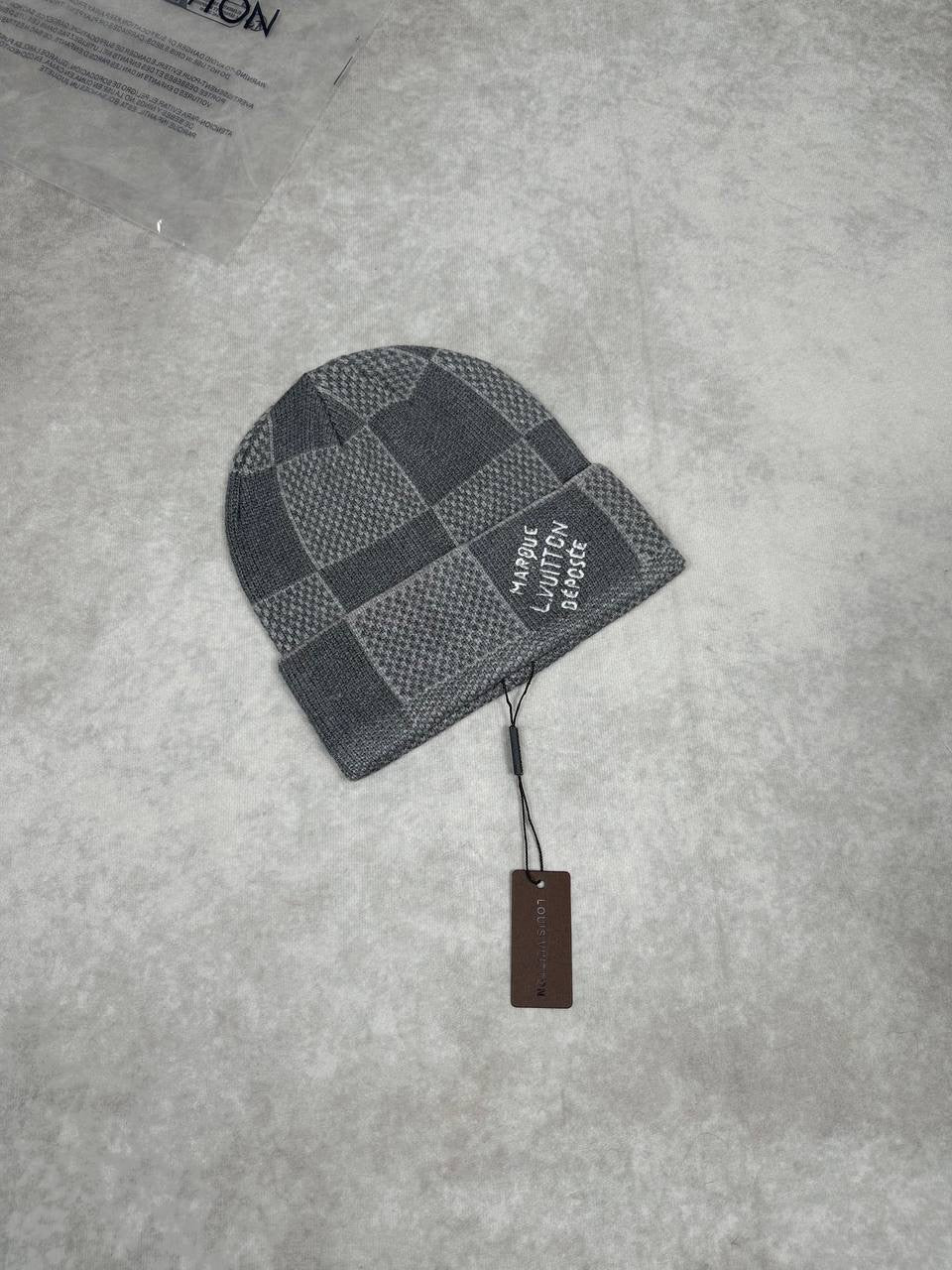 LV gray and light gray checkerboard knit beanie with embroidered patch and hang tag