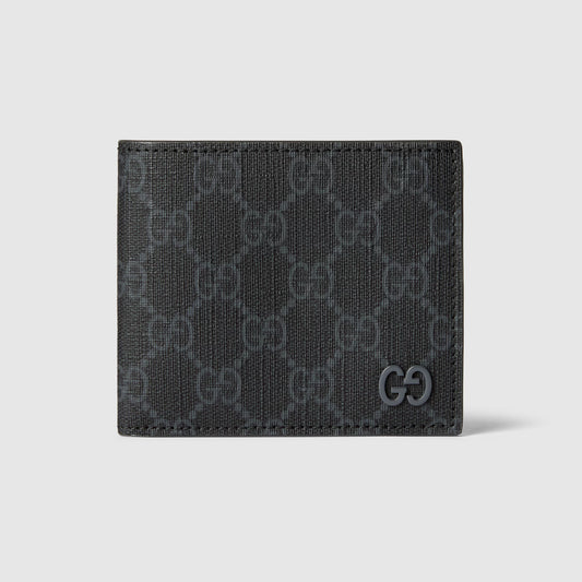 Grey GG bi-fold wallet with G logo on front, textured exterior