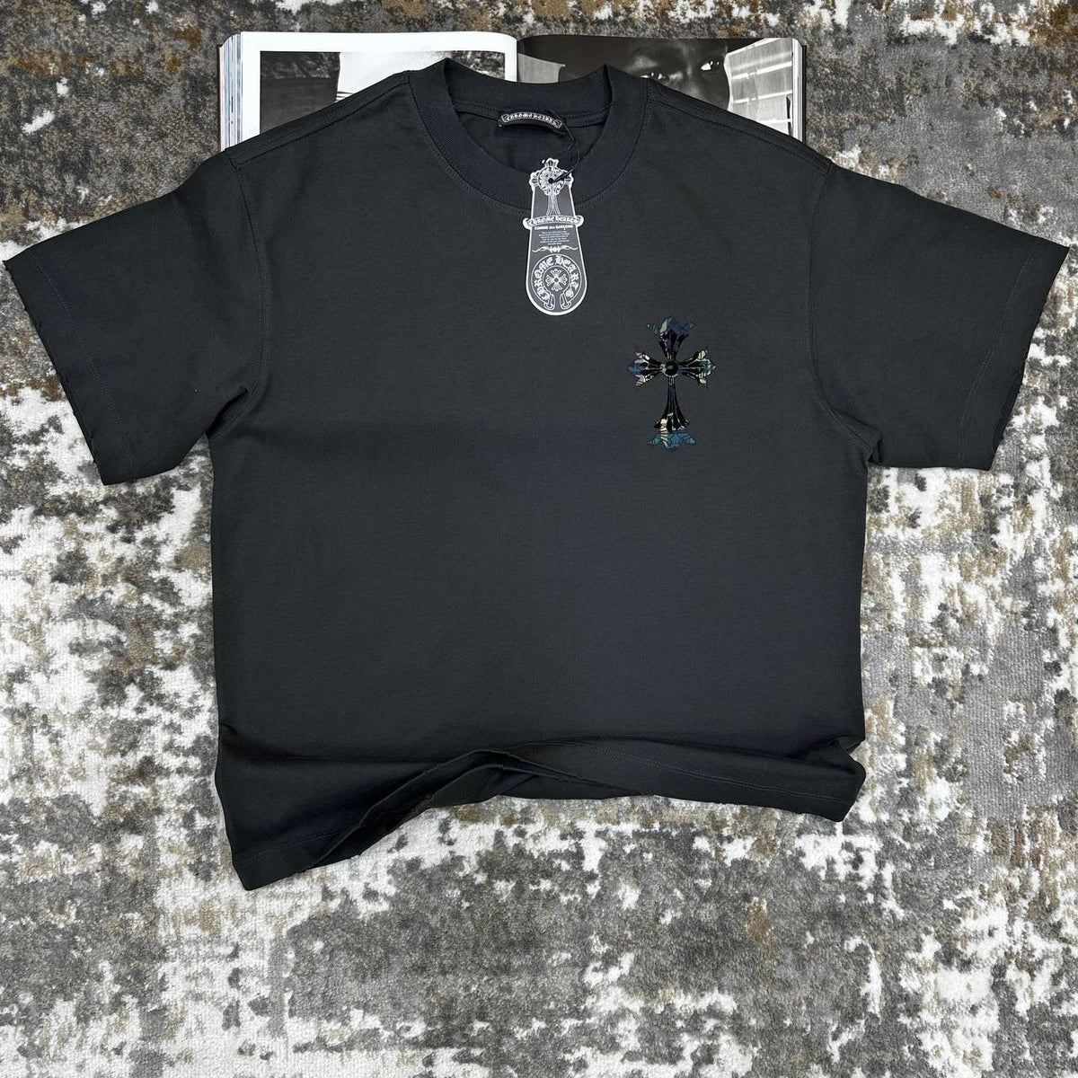 Chrome Hearts T-shirt, dark charcoal, small pendant charm and tiny floral appliques