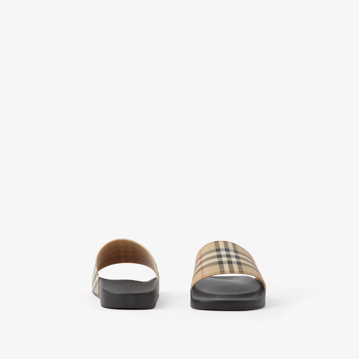 Beige check slides with black sole and white thong strap