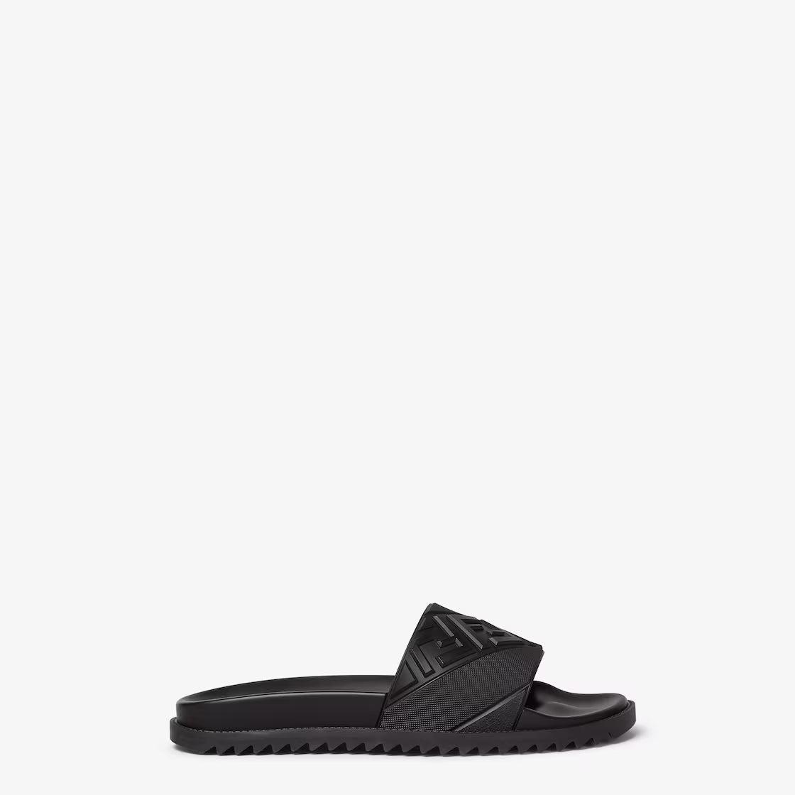 Black rubber slides with textured strap and chunky tread sole