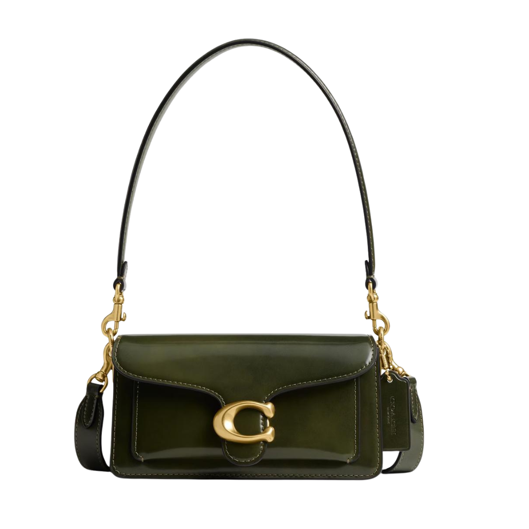 Tabby 20 shoulder bag in olive green with gold-tone C clasp and flap closure