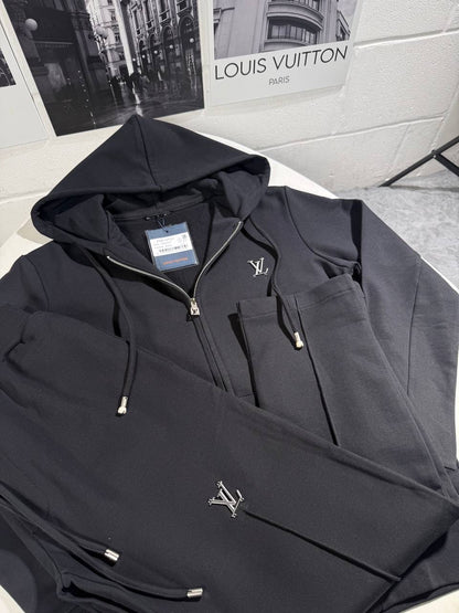 Black tracksuit jacket with drawstring hood, front zip, and small LV logo accents