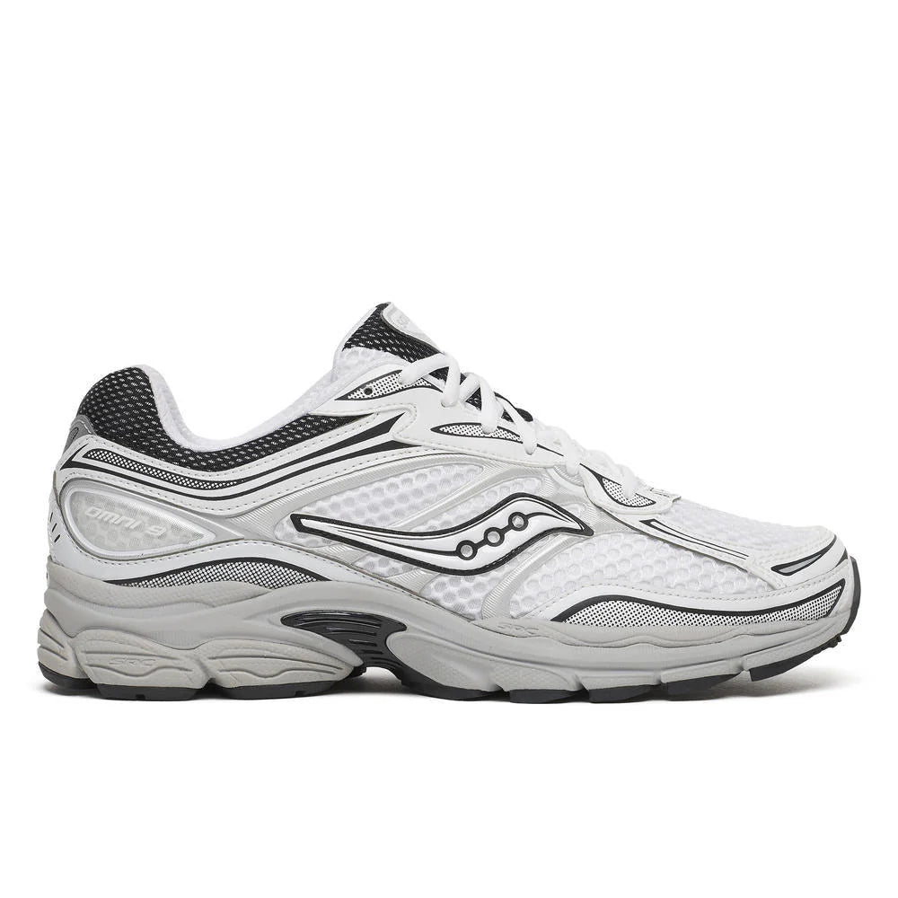 Saucony Omni 9s running shoes in white and dark gray, mesh upper and lace-up