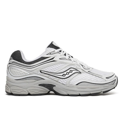 Saucony Omni 9s running shoes in white and dark gray, mesh upper and lace-up