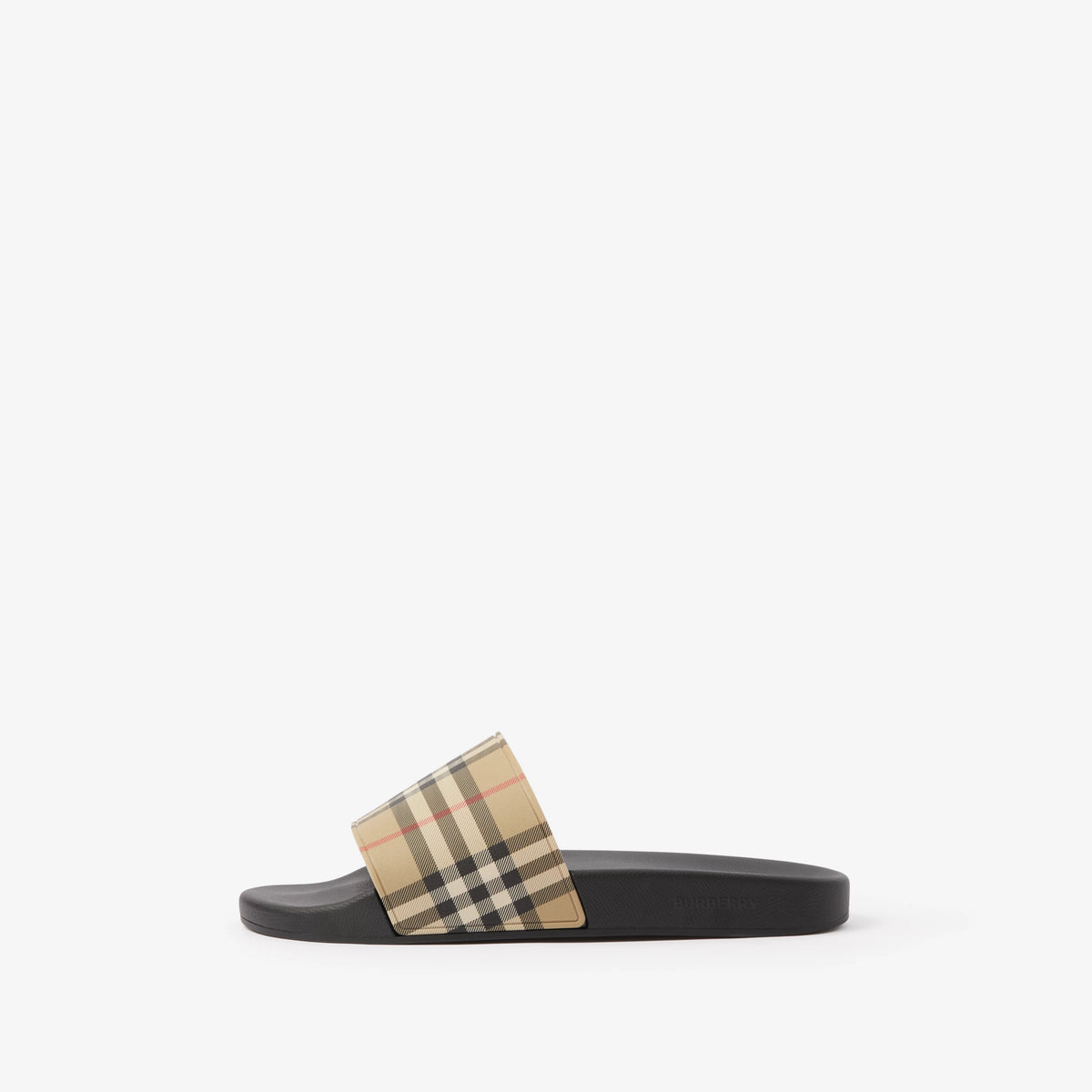 Beige check slide sandal with black footbed and single band front