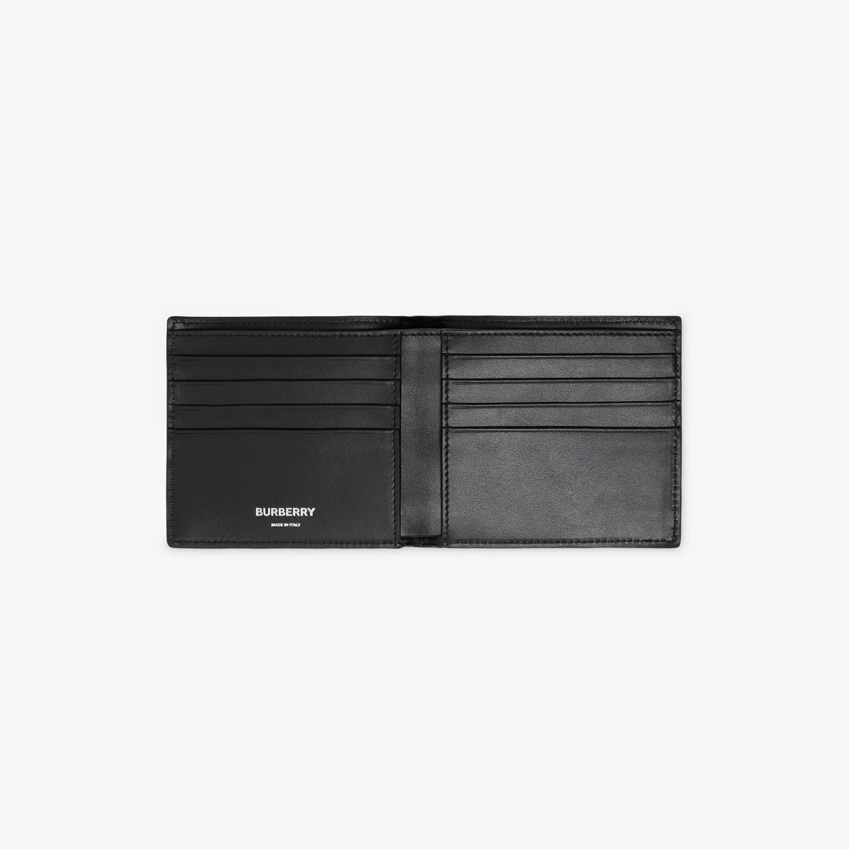 Geöffnete Bifold-Geldbörse mit mehreren Kartenfächern, dunkles Innenfutter