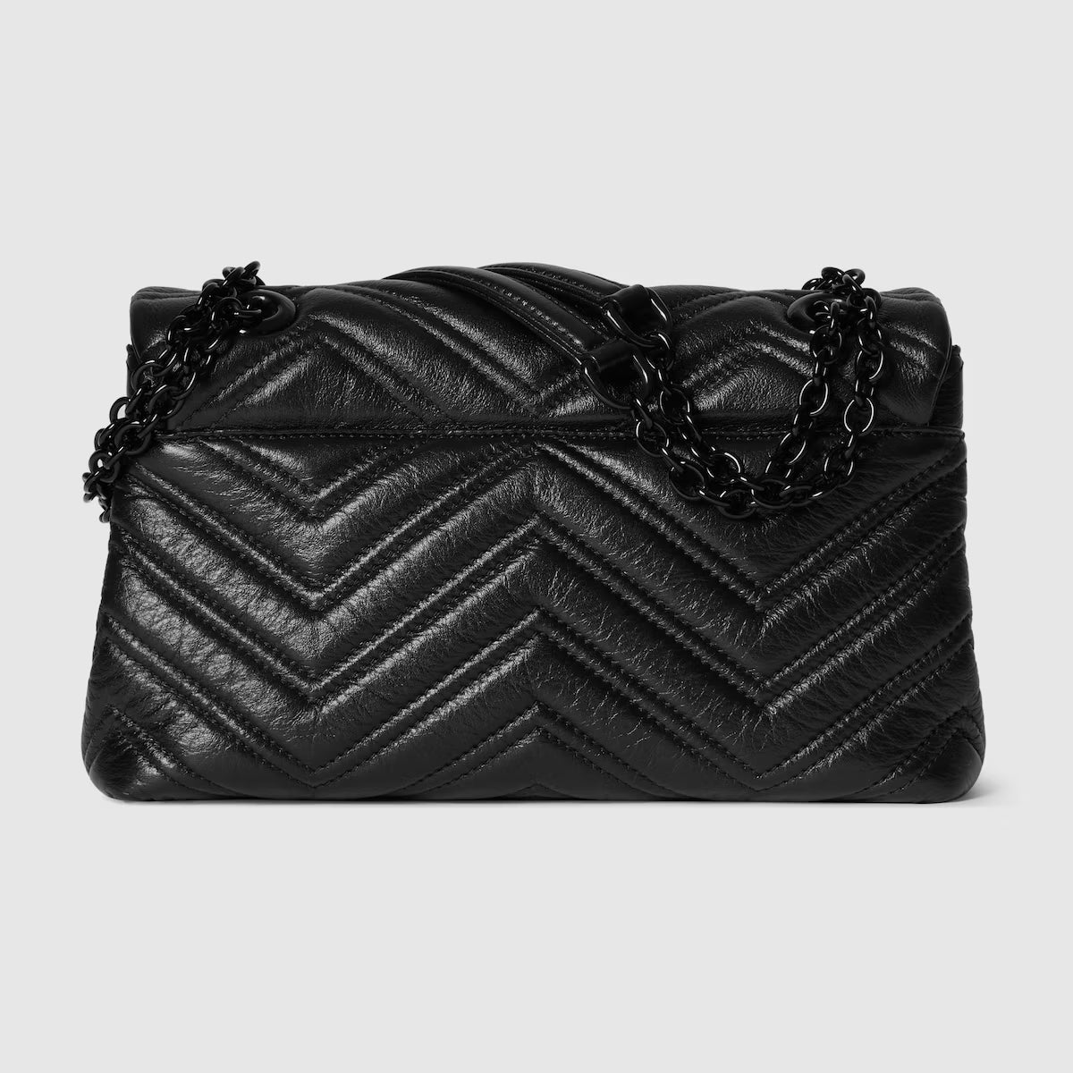 Black GG Marmont small shoulder bag, front view with chevron quilting and chain handle