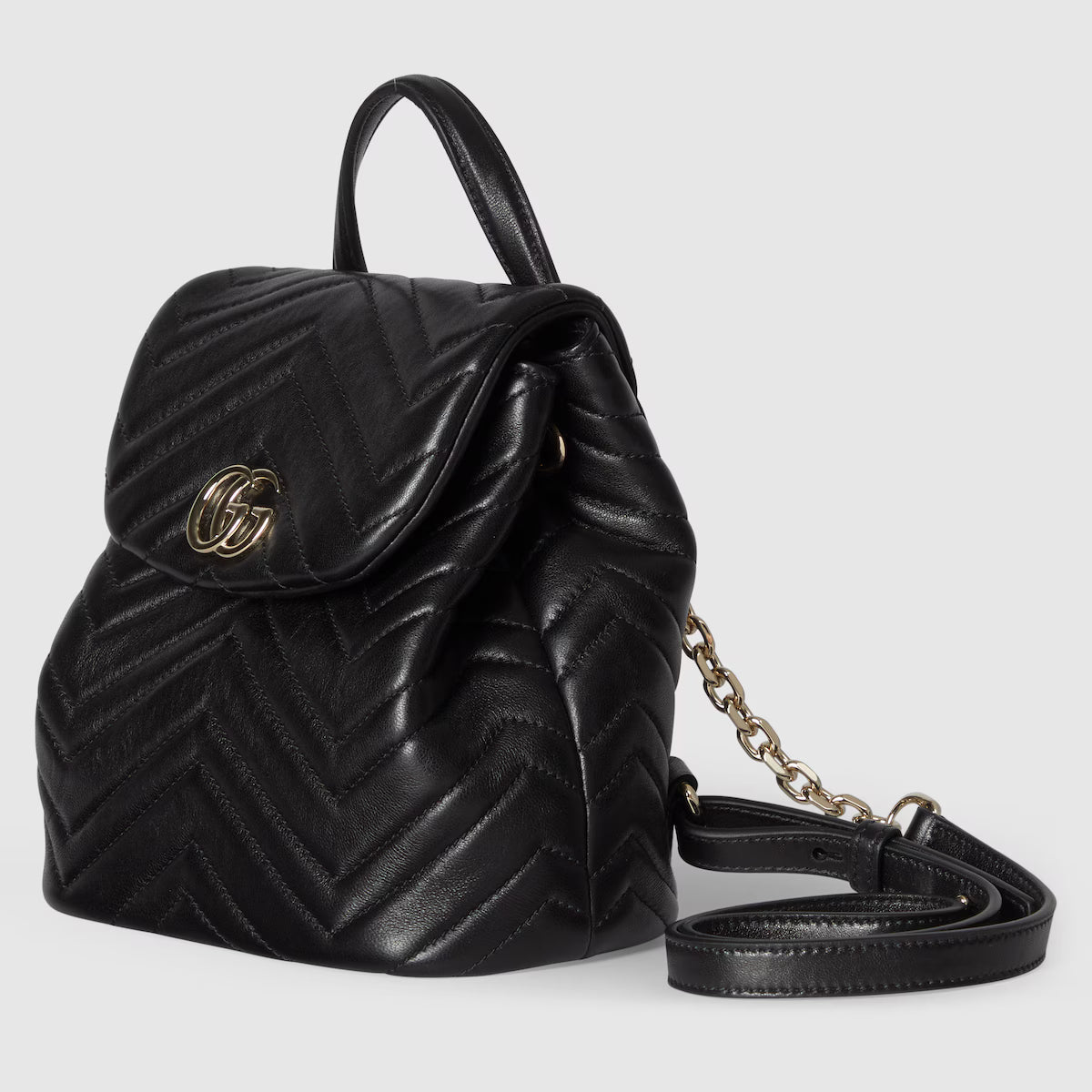 Mini bag GG Marmont noire, rabat matelassé chevrons, poignée et bandoulière chaîne dorée