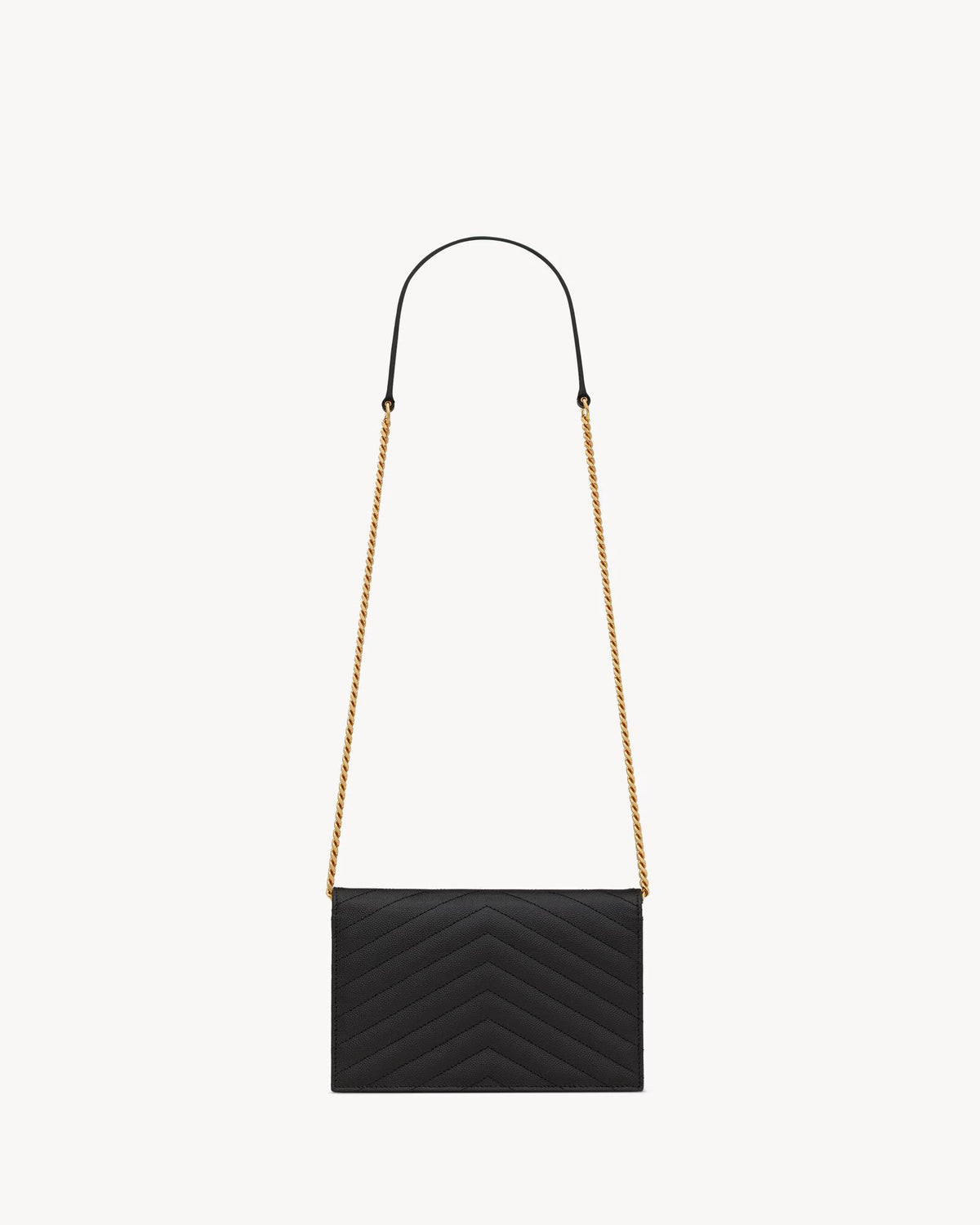 Pochette portefeuille cuir grain de poudre noir à chaîne, rabat chevrons