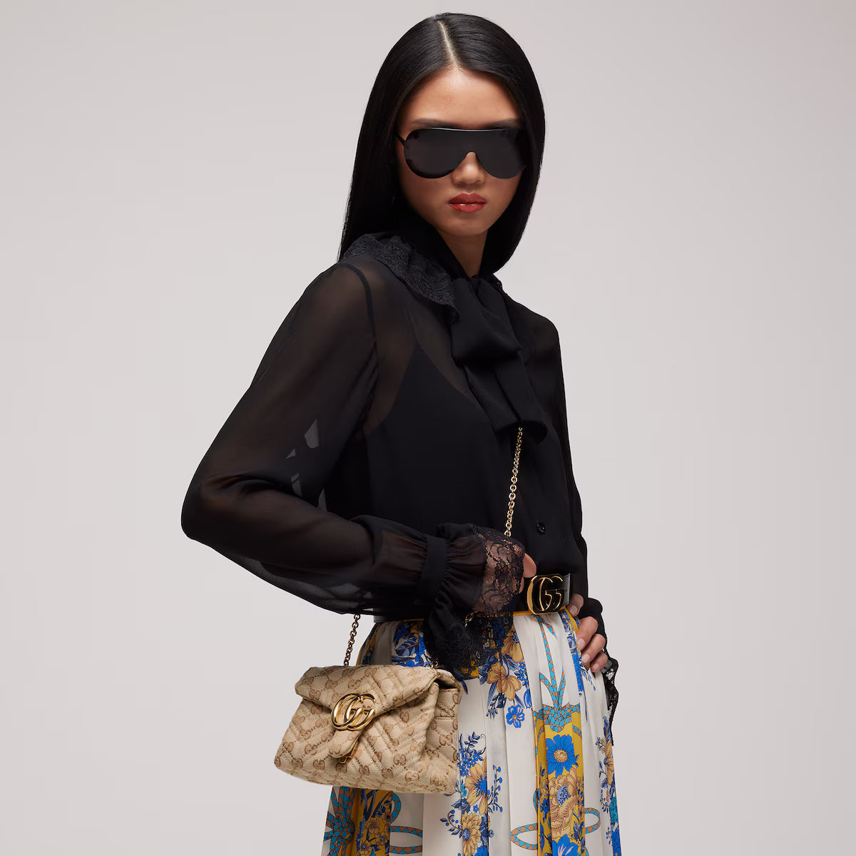 Beige GG Marmont mini shoulder bag with monogram canvas, gold Double-G clasp and chain