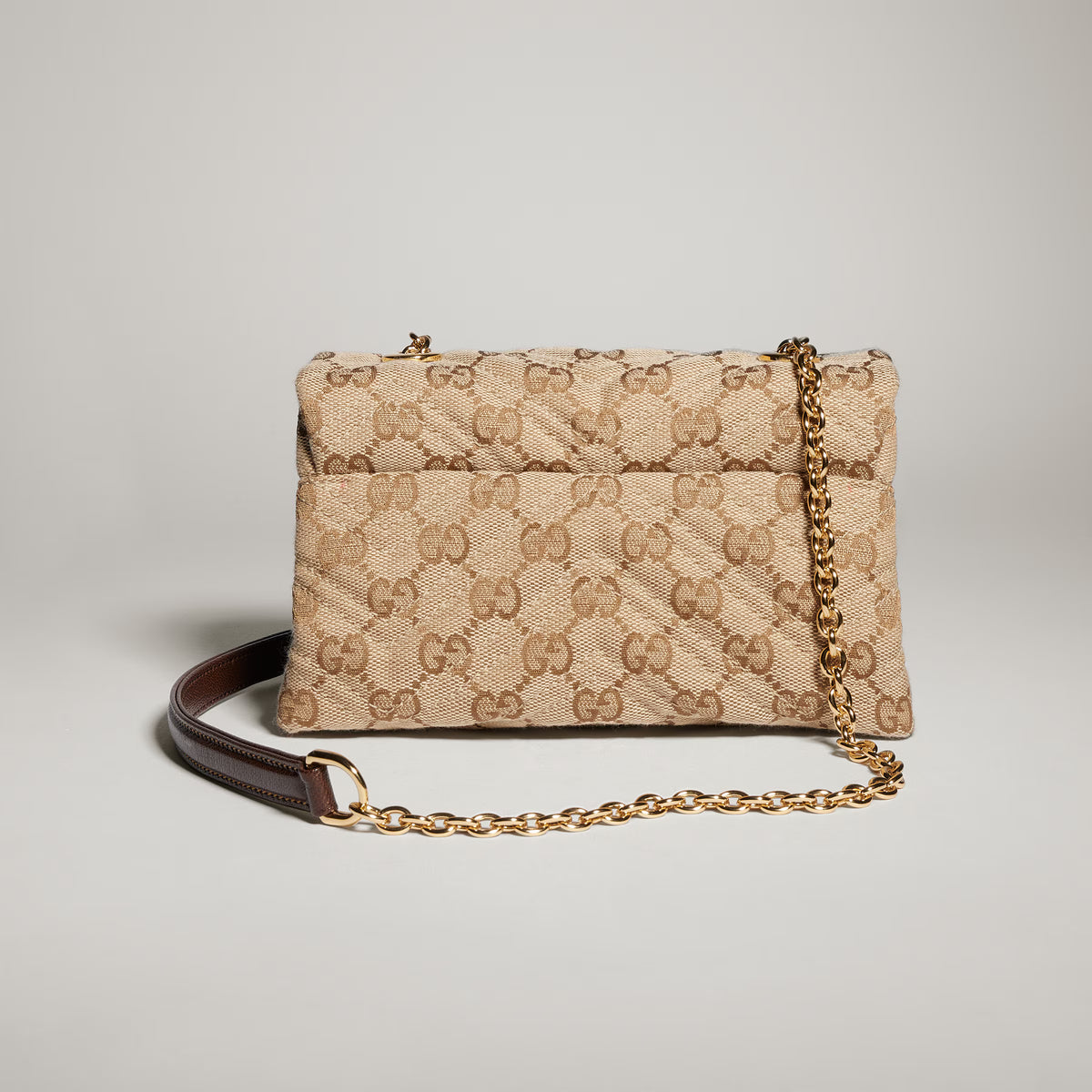 Beige GG Marmont mini shoulder bag back view, monogram canvas with gold chain strap