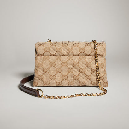 Beige GG Marmont mini shoulder bag back view, monogram canvas with gold chain strap