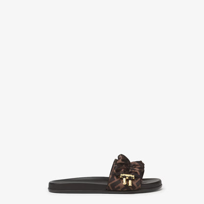 Brown slide sandals with FF-pattern bow and gold-tone buckles