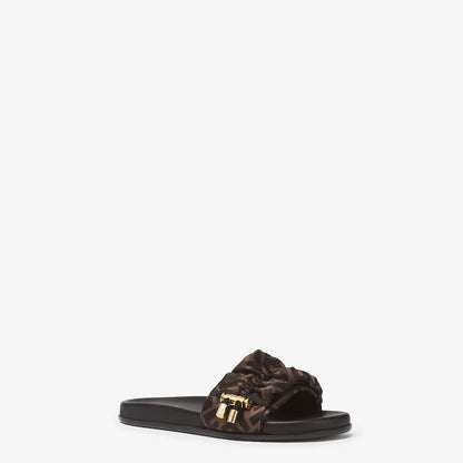 Brown FF-print slide sandal with ruched bow strap and gold buckles