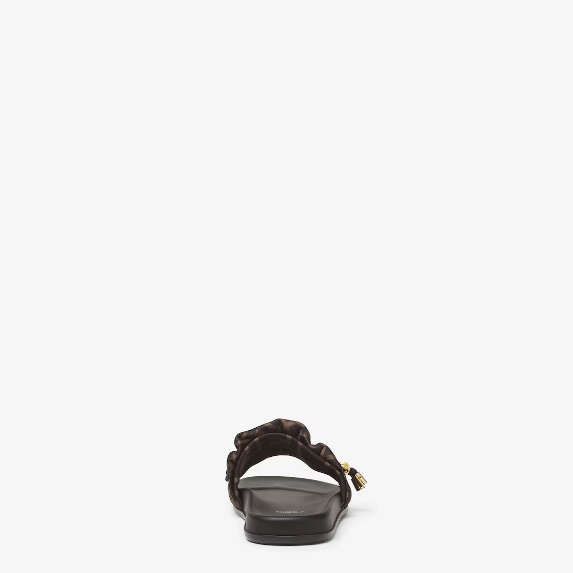 Brown slide sandal heel view with FF ruched bow and gold-tone hardware