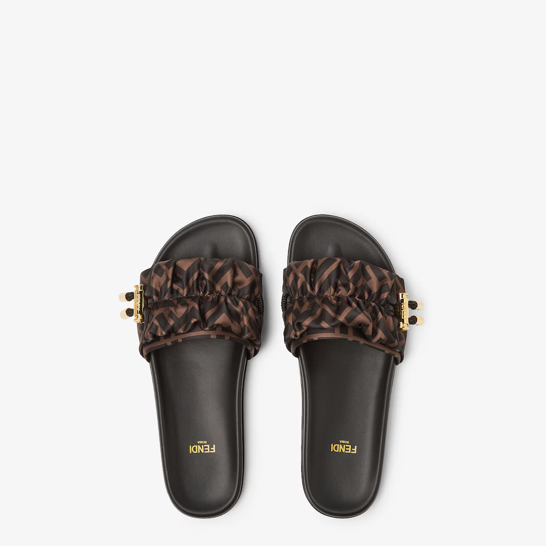 Pair of brown slide sandals with FF-pattern ruffle bow and gold details