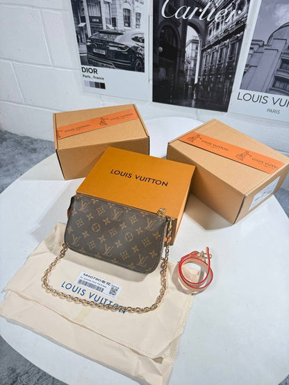 LV monogram pochette bag with gold chain crossbody strap and front flap