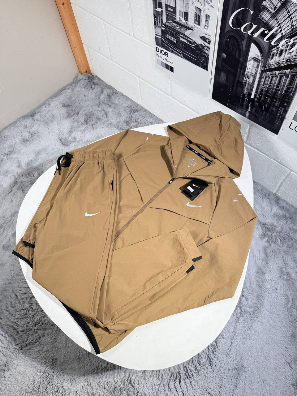 Men's track suit with hooded zip jacket and pants, tan/khaki