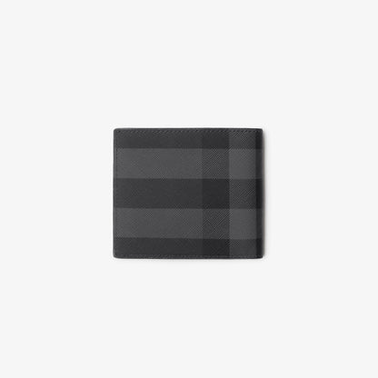 Charcoal check bifold wallet with textured front and plaid pattern
