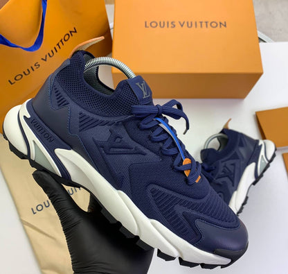 LV trainer sneaker, navy knit upper with lace-up and chunky white sole