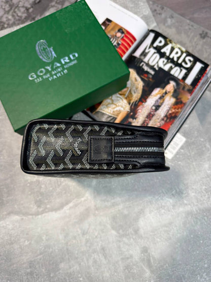 Gyard Seńat pouch, black patterned zip pouch with leather trim