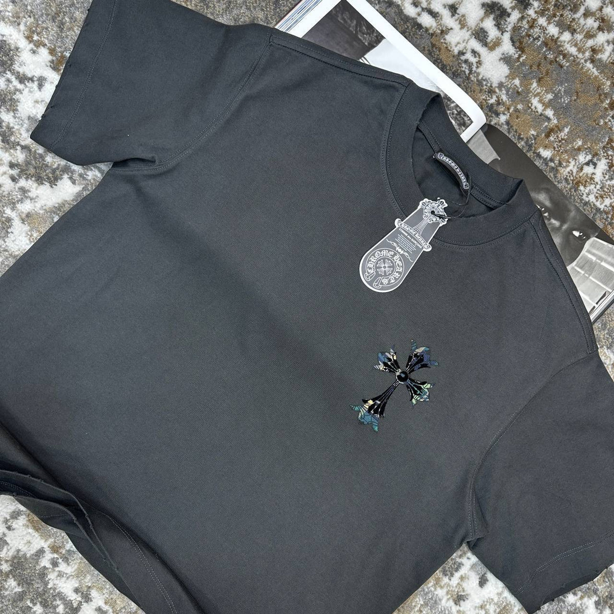 Chrome Hearts T-shirt, dark charcoal, front pendant charm and small floral graphic