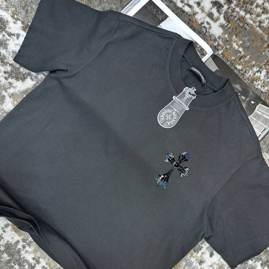 Chrome Hearts T-shirt, dark charcoal, front pendant charm and small floral graphic