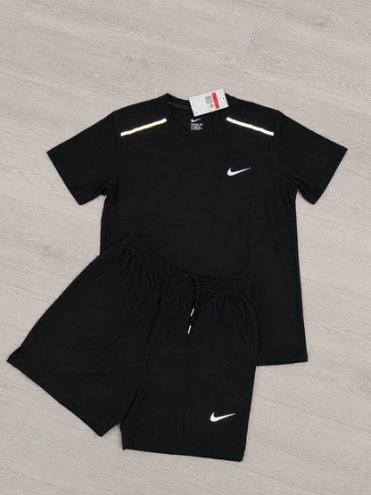 Black Nike running T-shirt and shorts set, crewneck tee and drawstring elastic shorts with swoosh