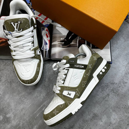 Olive green and white LV lace-up high-top trainers with logo patch and chunky sole