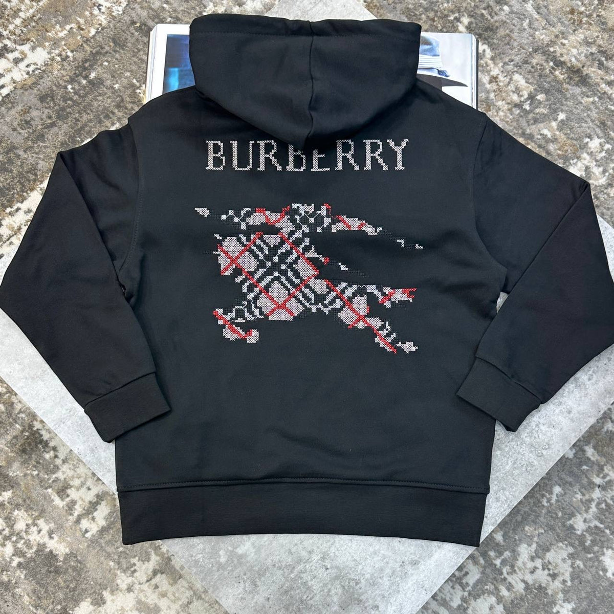 Dark hoodie jumper with back BURBERRY print and plaid graphic, hood and kangaroo pocket
