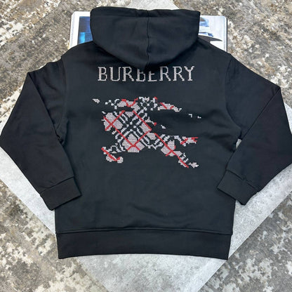 Dark hoodie jumper with back BURBERRY print and plaid graphic, hood and kangaroo pocket
