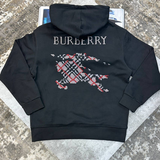 Dark hoodie jumper with back BURBERRY print and plaid graphic, hood and kangaroo pocket