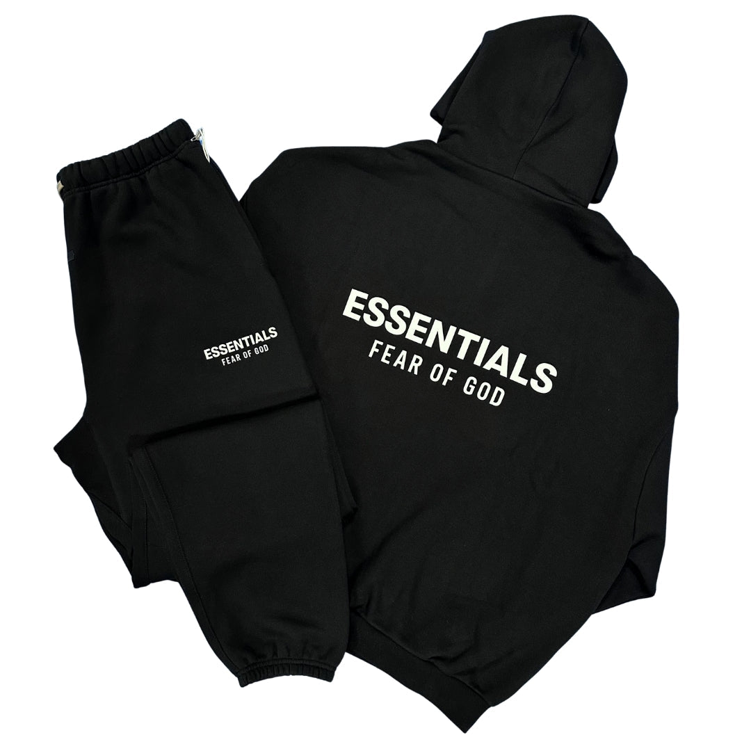 Black tracksuit set with zip hoodie and joggers, ESSENTIALS logo on chest