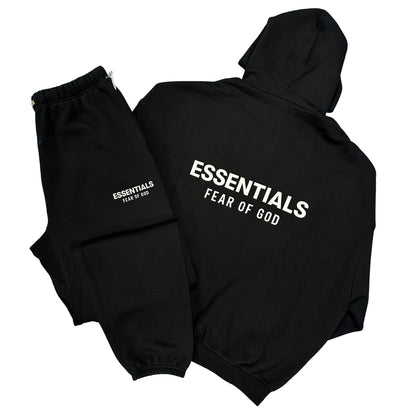 Black tracksuit set with zip hoodie and joggers, ESSENTIALS logo on chest