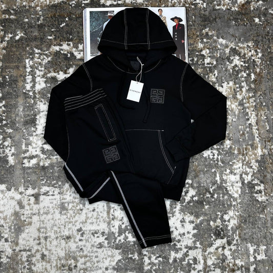 Black 4G motif tracksuit set, front view of hooded sweatshirt and jogger pants with embroidery