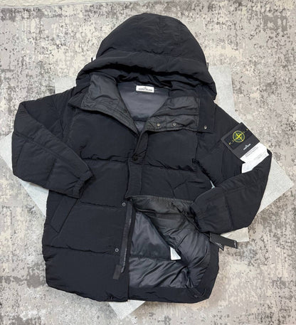 Black puffer coat with hood, button front and visible inner drawcord
