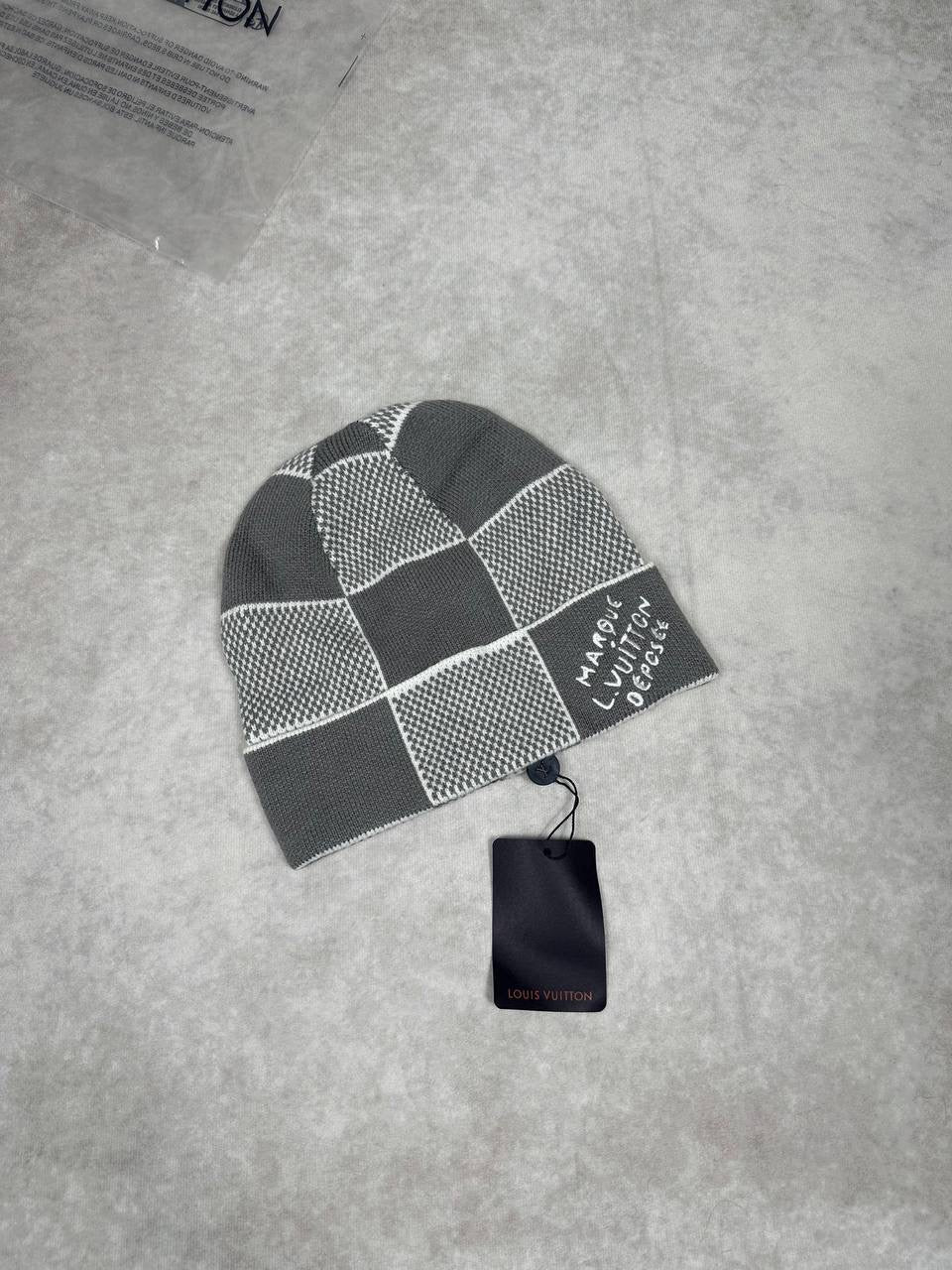 LV gray and light gray checkerboard knit beanie with embroidered patch and hang tag