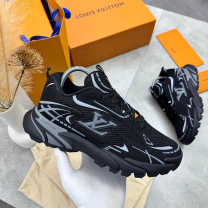 LV Apex runner trainer shoes in black and white with contrast stitching