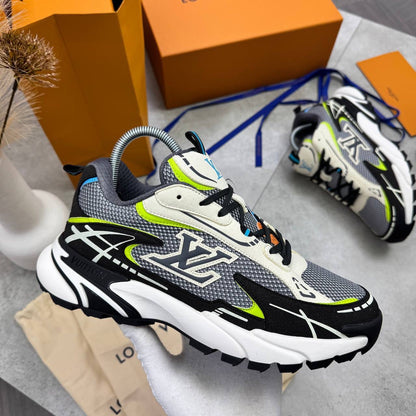 LV Apex runner trainer shoes in black, white, and neon green accents